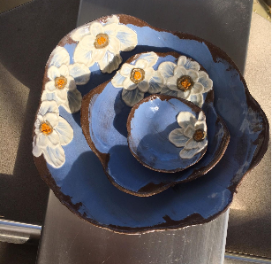 Hand-Built Serving Bowl Set in Sky Blue with Poppies Hand-Built Serving Bowl Set in Sky Blue with Poppies